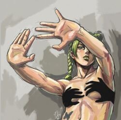 1girls arms_extended artistic_nude breasts butterfly_tattoo convenient_censoring covering_breasts female female_only green_hair hands_casting_shadow jojo's_bizarre_adventure jolyne_kujo plain_background sketch solo solo_female stone_ocean tagme tattoo
