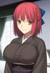 tsukihime tsukihime_(remake) kohaku_(tsukihime) highres official_art screenshot third-party_edit 1girl alternate_breast_size_(larger) japanese_clothes kimono maid red_hair solo split_mouth huge_breasts large_breasts breast_expansion