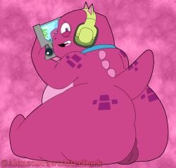 alonzodrawsafterdark anthro butt dinosaur gameoverse glitch_productions gobbles_(gameoverse) hi_res humanoid looking_at_viewer male male_only obese pink_body prehistoric_species reptile scalie sitting solo tablet turned_around turned_away