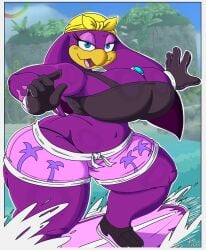 1girls 2026 2d 2d_(artwork) 2d_artwork anthro avian beak big_breasts bird bird_girl blue_eyes breasts clothed clothed_female digital_art digital_drawing_(artwork) digital_media_(artwork) female furry furry_female gloves midriff mobian mobian_(species) passerine purple_feathers rinarooni sega shorts solo sonic_(series) sonic_riders sonic_the_hedgehog_(series) sports_bra surfboard surfing swallow_(bird) tagme thicc thick thick_thighs water wave_the_swallow