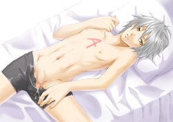 1boy artist_request bed bed_sheet body_writing boxers censored character_request copyright_request cum looking_at_viewer nipples penis piercing precum short_hair silver_hair solo white_skin yellow_eyes