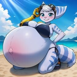ai_generated anthro anthro_female bikini blushing blushing_female enjoying_pregnancy female female_only furry_only lazybonesai looking_at_viewer playstation posing pregnant pregnant_female ratchet_and_clank rivet_(ratchet_and_clank) solo solo_female solo_focus