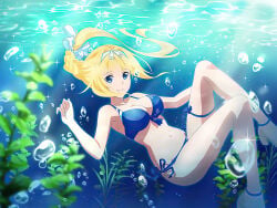 1girls absurd_res alice_zuberg bikini blonde_hair blue_bikini blue_eyes bubble female female_only highres long_hair official_art seaweed smile solo swimsuit sword_art_online sword_art_online:_alicization underwater