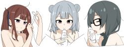 3boys 3girls absurdres black_hair blank_censor blue_ribbon blush braid brown_hair censored center-flap_bangs cevio closed_eyes collarbone commentary_request condom condom_on_penis double-parted_bangs double_bun fellatio flat_chest glasses grey_hair hair_bun hair_over_shoulder hair_ribbon hanakuma_chifuyu handjob highres holding holding_condom koharu_rikka licking licking_penis long_hair looking_at_penis low_twin_braids medium_hair multiple_boys multiple_girls natsuki_karin oral penis pink_eyes pout purple_eyes ribbon sidelocks simple_background smile sweat tongue tongue_out tuitou twin_braids twintails white_background