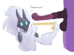 animal_genitalia animal_penis anthro balls big_penis bodily_fluids bovid bovine duckerzzart duo equine_genitalia equine_penis erection female female/female genital_fluids genitals hi_res huge_penis humanoid intersex intersex/female kindred_(lol) lamb_(lol) league_of_legends mammal penis precum presenting riot_games soraka surprised tape_measure tencent text