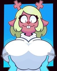 1girls big_breasts blonde_hair border breast_grab breasts deltarune euphorica grabbing grope groping groping_breasts huge_breasts kris_(deltarune) noelle_holiday short_hair solo_focus tagme undertale_(series) upper_body