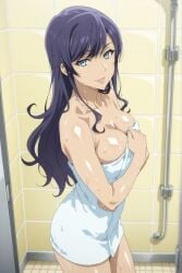 1girls ai_generated bathroom blue_eyes blue_hair covered_navel covered_nipples covering_breasts female female_focus female_only indigo_hair light-skinned_female light_skin long_hair looking_at_viewer nier nier:_automata shiny shiny_skin shower shower_(place) shower_room smile solo solo_female solo_focus thighs towel wet white_towel yorha_no.16_type_g