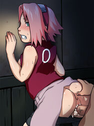 1boy 1girls anus ass ass_grab bent_over bike_shorts bike_shorts_pull censored clothes cum doggy_style faceless_male female from_behind highres human male naruto naruto_shippuden oreshika penis sakura_haruno sex straight sweat unknown_male vaginal_penetration