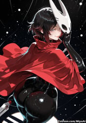 1girl ai_assisted ai_generated ass black_footwear black_hair bodysuit breasts cape cloak curvaceous curvy curvy_female curvy_figure female female_only from_behind gloves gradient_hair holding_mask hornet_(hollow_knight)_(cosplay) looking_at_viewer looking_back mask mask_removed miyuai moon multicolored_hair night night_sky red_cape red_hair ruby_rose rwby shiny shiny_clothes shiny_hair short_hair silver_eyes skin_tight sky solo space star_(sky) starry_background starry_sky stripper thick thick_ass thick_butt thick_hips thick_legs thick_thighs two-tone_hair voluptuous voluptuous_female wide_hips wide_thighs