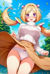 ai_generated aki_rosenthal hololive_japan hololive virtual_youtuber vtuber dress_lifted wind_blowing_skirt exposed_panties exposed_underwear blush blushing blushing_female white_panties blonde_hair_female blonde_female blonde_hair blonde sole_female