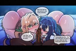 100_kanojo 1boy 2girls aggressive_female ai_generated analover21 big_ass blonde_hair blue_hair blush dark-skinned_male english_text female imminent_sex inda_karane interracial kimi_no_koto_ga_dai_dai_dai_dai_daisuki_na_100-nin_no_kanojo licking_penis light-skinned_female male novelai on_bed on_knees oral_sex sweaty text_bubble yoshimoto_shizuka