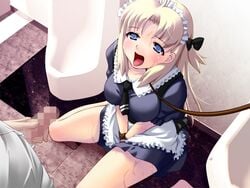 apron blonde_hair blue_eyes bondage censored game_cg human_toilet kneeling leash long_hair maid open_mouth penis public_use ribbon source_request tied_up toilet tongue urinal