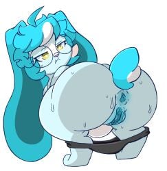anthro anus black_clothing black_panties black_underwear blue_body bodily_fluids butt clothed clothing clothing_around_legs crouching eyewear female floppy_ears fur genitals glasses hi_res inner_labia lagomorph leporid long_ears mammal mochafrappeart multicolored_body multicolored_fur organs panties panties_around_legs panties_down partially_clothed rabbit solo stomach sweat sweatdrop sweaty_butt tail underwear underwear_around_legs underwear_down vulva wearing_glasses yellow_eyes