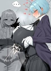 ... angela_(library_of_ruina) angela_(lobotomy_corporation) bangs big_breasts binah blue_hair blush blush_lines blushing breasts breasts_bigger_than_head busty busty_female character_in_background coat curvy curvy_female embarrassed embarrassed_female fancy_clothing female female_only fully_clothed fur_coat hearts kitanamaro12 lactating lactation lactation_through_clothes library_of_ruina light-skinned_female lobotomy_corporation project_moon short_hair