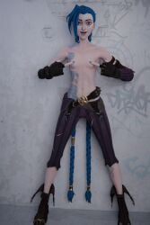 enigmaj jinx_(league_of_legends) league_of_legends arcane light-skinned_female female female_only 1girls blue_hair tattoo 3d blender middle_finger covered_nipples topless areolae_peeking looking_at_viewer
