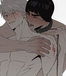 2boys animal_collar arm_around_neck black_hair blunt_bangs blush bowl_cut chain chain_leash collar fangs furrowed_brow gay gay_male grey_hair hair_between_eyes hatake_kakashi highres holding holding_leash leash m0_mo_momo male_focus might_guy mole mole_under_mouth multiple_boys naruto_(series) nude open_mouth pale_skin parted_lips saliva scar scar_across_eye scar_on_face short_hair shoulder_tattoo spiked_hair sweat tattoo thick_eyebrows upper_body veins veiny_hands yaoi