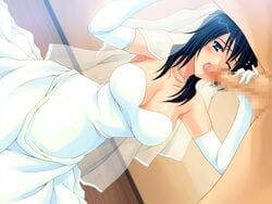 black_hair blue_eyes blush breasts bride censored cleavage clothing dress fellatio game_cg hair handjob oral pearl_necklace penis pregnant wedding_dress