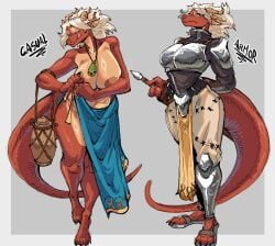 absurd_res anthro areola armor big_areola big_breasts bottomwear breasts claws cleavage clothed clothing container dragon female hair hand_behind_back hand_on_handle hi_res horn jar jug leikdaz loincloth melee_weapon multicolored_body musical_instrument mythological_creature mythological_scalie mythology norra_(wsad) ocarina red_body red_skin scalie short_hair skirt solo standing sword tail tan_body tan_hair tan_skin thick_thighs tongue tongue_out two_tone_body tying walking weapon wide_hips wind_instrument