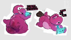 2026 accessory anal anthro anus backsack balls belly biped butt dialogue dinosaur duo english_text erection gameoverse genitals glitch_productions gobbles_(gameoverse) hi_res kemono leothelionel male male/male necktie open_mouth overweight overweight_male penis pink_body prehistoric_species reptile scalie sex simple_background solo solo_focus tablet_computer text