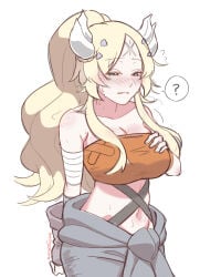 1girl ? artist_signature barely_contained_breasts blonde_hair blush duel_monster ecclesia_(yu-gi-oh!) face_markings large_breasts outfit_swap ponytail smilingspectra sweaty yu-gi-oh!