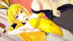 2girls black_hair black_hair_female blake_belladonna blonde_female blonde_hair bunny_ears bunnysuit canon_couple cleavage logang45 long_hair long_hair_female pose posing robotic_arm rwby yang_xiao_long