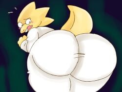 kirbyoblue1 undertale undertale_(series) alphys 2d twitter_link highres simple_background 1girl female female_only nonhuman monster monster_girl dinosaur dinosaur_girl scalie scalie_only scalie_female no_sex no_genitals lab_coat clothing fully_clothed yellow_body ass big_ass huge_ass fat_ass big_butt big_butt_(female) skin_tight_outfit thick_thighs fat_thighs ass_focus looking_back embarrassed looking_back_at_ass blushing tail short_tail chubby chubby_female open_mouth nerdy_female solo