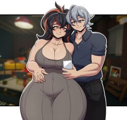 big_breasts black_hair busty busty_female child_bearing_hips cleavage cleavage_overflow drawingstiv dress hair_between_eyes hands_on_hip hips_wider_than_shoulders holding_hands male/female pants phone ponytail red_strand_of_hair shirt thick_thighs white_hair wide_hips wide_thighs wise_(zenless_zone_zero) zenless_zone_zero zhu_yuan