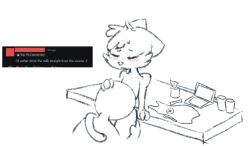 absurd_res anthro apron apron_only bench blush clothing comment computer container cup duo electronics english_text eyes_closed fellatio hand_on_head hi_res humanoid laptop leaning_on_table male male/male oral penile sex tail_wrapped_around_body text tissue tissue_box wizzet