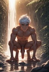 jack_frost_(rise_of_the_guardians) jack_frost rise_of_the_guardians white_hair blue_eyes pale-skinned_male muscular_male nude_male naked male male_feral barefoot big_penis smiling_at_viewer outdoors yaoi gay ai_generated summer sunny sweaty_body sweaty_feet wet pond bathing crouching kneeling