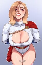 1girls bending_over big_breasts blonde_hair blue_eyes blue_gloves boob_window breasts cape cleavage cleavage_cutout cosplay dc dc_comics female female_only gloves huge_breasts karen_starr large_breasts leotard light-skinned_female light_skin luchidart medium_hair missfaves power_girl power_girl_(cosplay) power_girl_cosplay_pose_(missfaves) real_person red_cape smile solo superheroine superman_(series) thick_thighs thighs white_leotard wide_hips