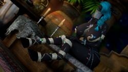 green_eyes dark_skin dark-skinned_female oiled_skin draenei draenei_female skyrim world_of_warcraft solo_female female 1girls sexy big_breasts jewelry blue_hair dark_nipples face_markings lipstick hooves thick_thighs
