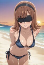 1girls ai_generated beach bikini black_bikini black_blindfold blindfold blush breasts brown_hair cleavage covered_eyes female female_focus female_only hairband light-skinned_female light_skin looking_at_viewer nier nier:_automata sand shiny_skin shoulder_length_hair solo solo_female sunburn sunset thigh_gap thighs water waves yorha_no._21_type_s
