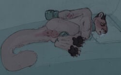 ankle_cuffs anthro anus backsack balls bdsm bed bodily_fluids bondage bondage_gear bondage_gloves bound clothing collar cougar cuff_(restraint) drooling drugged felid feline fur furniture genitals gloves hands_behind_back handwear hi_res inside intravenous intravenous_drip iv_drip iv_line kitdoll lidded_eyes lying male male_anthro mammal medical medical_play medical_restraints mitts nipples nude_anthro nude_male on_side open_mouth pawpads paws pillow questionable_consent restraints saliva solo submissive submissive_anthro submissive_male substance_intoxication tail_anus tan_body tan_fur tired
