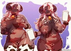 absurd_res animal_print animal_print_bikini anthro areola back_wings bell bell_collar belly big_areola big_breasts big_nipples bikini bikini_bottom bikini_top bodily_fluids bovid breast_milking breast_squish breasts brown_body caprine chest_tattoo choker choker_bell claws clothed clothing clothing_lift collar container cow_print cow_print_bikini cowbell cup dark_body dark_skin female fin hair hair_over_eye hi_res holding_breast holding_container holding_cup holding_mug holding_object horn jewelry kusabu lactating long_hair looking_at_viewer mammal markings milk milk_in_cup milk_in_mug mug multiple_angles navel necklace nipples pattern_bikini pattern_clothing pattern_swimwear purple_eyes sheep side-tie_bikini smile smiley_face smiling_at_viewer solo spots spotted_body squish string_bikini swimwear tattoo thick_thighs topwear two-piece_swimsuit wide_hips wings