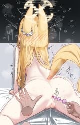 1boy 1girl absurdres anal_beads animal_ears anus ass blonde_hair blue_archive commentary_request completely_nude fox_ears from_behind halo hetero highres long_hair nude paid_reward_available pussy pussy_juice satou_(www_nemu) seia_(blue_archive) sex_toy tail yellow_halo