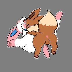 >_< 1:1 ambiguous_gender anus balls blush duo eevee eeveelution eyes_closed feral from_front_position fucked_silly generation_1_pokemon generation_6_pokemon genitals hi_res lying male nintendo on_back open_mouth penetration pokemon pokemon_(species) simple_background sylveon taikupy_cat tail