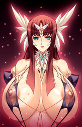 areola areolae bb big_breasts blush breasts erect_nipples green_eyes headdress highres huge_breasts ishida_hiroyuki jewelry large_breasts midriff navel nipples red_hair see-through sling_bikini smile swimsuit