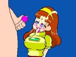 1girls blue_eyes blush blushing breasts game_cg jermaneels penis 1boy cum tongue tongue_out open_mouth cum_on_face facial cum_on_tongue cum_on_hair monica_(jermaneels) orange_hair sensual_pleasure pixel_art