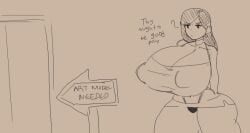 1girls choker clavicle collarbone covered_nipples english english_text huge_breasts lewdicrousart micro_skirt navel nipple_bulge nipples_bulge nipples_covered panties round_shoulders sign skirt skirt_too_short solo text thong_straps whale_tail_(clothing)