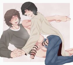 2boys anal anal_sex black_hair black_hair_male bottomless bottomless_male brown_hair brown_hair_male brown_shirt censored censored_penis coat colored disaste1960713 erect_penis erection gay gay_anal gay_sex hajime_aikawa hi_res holding_hands kamen_rider kamen_rider_blade_(series) kazuma_kenzaki knee_up lying_on_side male male/male male_focus male_only on_side open_mouth open_pants pants_open penis penis_in_ass penis_out precum precum_drip red_eyes shirt_only sweat sweatdrop sweating tremble_lines tremble_spikes trembling trembling_penis white_border yaoi
