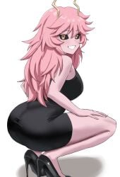 ashido_mina ass big_breasts black_dress black_sclera boku_no_hero_academia breasts high_heels horns kebin1999 kneeling long_hair looking_at_viewer looking_back mina_ashido my_hero_academia pink_hair pink_skin white_background yellow_eyes