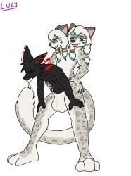 2_heads anthro aylethearcticfox black_body bodily_fluids canid canine canis cock_transformation cum emitting_cum felid feline genital_fluids grey_body group hi_res hologram hologram_hair intersex intersex/male leopard_cat male mammal masturbation multi_head nude partial_ctf penile penile_masturbation prionailurus sareb_(sareb) standing tachey_(spinydan) transformation trio werecock wolf