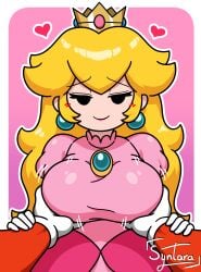 1boy 1girl 1girls big_breasts black_eyes blonde_hair crown dress earrings elbow_gloves female female_focus grabbing_another's_breast guided_breast_grab heart iamsyntara jewerly lipstick long_hair looking_at_viewer male_pov mario mario_(series) mario_bros no_nose paper_mario paper_peach pink_dress princess_peach round_breasts royalty simple_background simple_coloring simple_shading smug syntara white_gloves