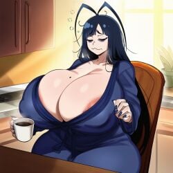 1girls 2d ai_generated antenna_hair areola areola_slip areolae bags_under_eyes big_breasts black_hair bleach blue_hair breasts chair cleavage coffee coffee_mug covered_nipples cup dress female female_only gigantic_breasts gigigens giselle_gewelle holding holding_cup huge_breasts indoors large_breasts long_hair massive_breasts messy_hair mole mole_on_breast morning mug nail_polish robe rule_63 sitting sleepy solo solo_female squiggle steam table tired very_long_hair waking_up wavy_mouth window