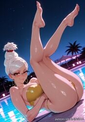 1girl 2026 ai_generated anime ass ayase_seiko bare_shoulders barefoot bikini blush boobs breasts brown_eyes buttocks cleavage crossover dandadan earrings eye_contact feet female female_focus flushed glasses hair_bun highres hoop_earrings huge_breasts jewelry large_breasts legs legs_up looking_at_viewer lying mature_female night night_sky nsfw on_back outdoors patreon pool poolside rognezart single_hair_bun sky smile smiling soles solo swimsuit thick_thighs thighs toes tree water wet white_hair yellow_bikini