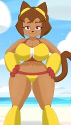 1girl animal_humanoid animal_nose anthro beach beach_background big_breasts brown_body brown_fur brown_hair brown_skin cat_ears cat_tail catgirl color colored felid felid_humanoid female female_focus female_only gameoverse girl glitch_productions half-closed_eyes kit_(gameoverse) kit_bodega mammal mammal_humanoid naked naked_female nude nude_female outside sand sea smile standing thick_thighs thighs bikini