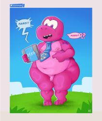 absurd_res accessory anthro balls belly big_butt butt casual_nudity chubby_cheeks curious dialogue dialogue_box dinosaur electronics fatty_humps flaccid gameoverse genitals glass glitch_productions gobbles_(gameoverse) happy hi_res innocent_expression katxfish magenta_body male navel necktie nipple_dip nipples nude open_mouth outside overweight penis prehistoric_species reptile scalie slightly_chubby small_penis solo speech_bubble tablet thick_thighs