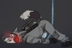 2024 anthro ass_up bodily_fluids bodysuit bound canid canine canis clenched_teeth clothing domestic_dog drooling footwear genitals grey_background hi_res kitdoll lying machine male male_anthro mammal mask milking_cum milking_machine on_front penile penis penis_milking penis_milking_machine restrained restrained_arms saliva shoes simple_background skinsuit solo teeth tight_clothing translucent_mask