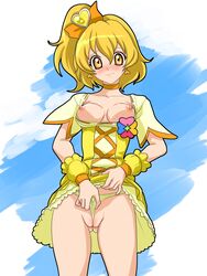 agahat blonde_hair blush bow breasts cameltoe clothing cure_pine dress framed_breasts fresh_precure! fresh_pretty_cure! highres magical_girl panties panty_pull precure pretty_cure short_hair small_breasts uncensored yamabuki_inori