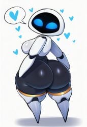 hellsonger disney eve_(wall-e) humanoid robot robot_humanoid hi_res big_breasts big_butt black_body blue_eyes breasts butt female heart_symbol huge_butt looking_at_viewer looking_back machine not_furry rear_view simple_background solo speech_bubble thick_thighs white_background white_body wide_hips ai_generated